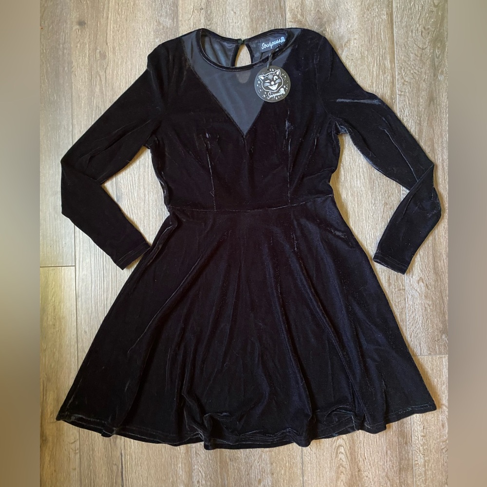 sourpuss black velvet dress with mesh v neck